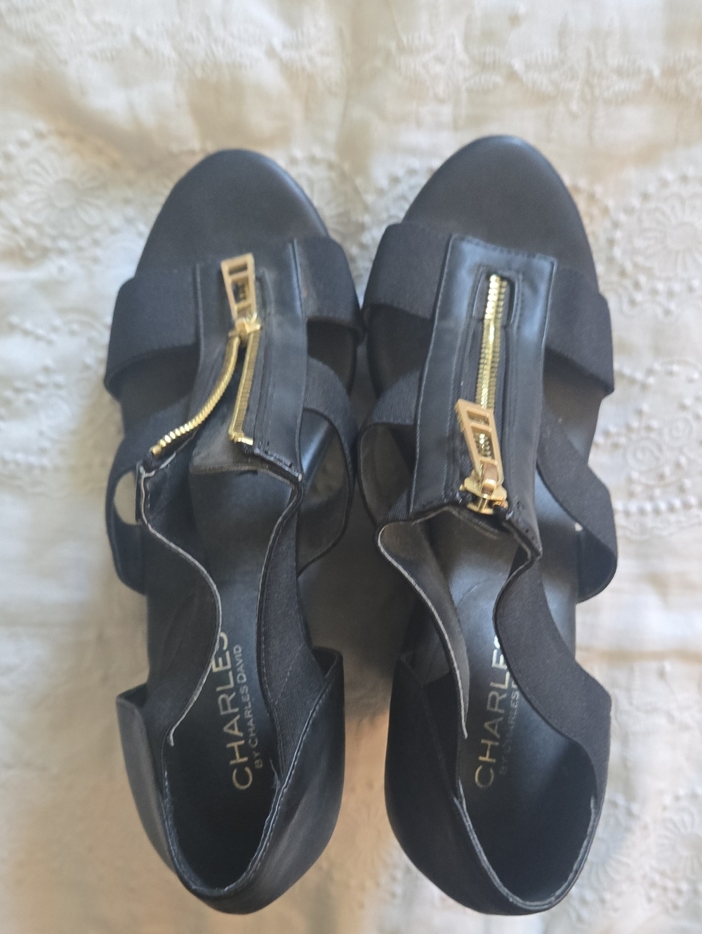 Charles By Charles David Black Open-Toe Heels with Gold Zipper
